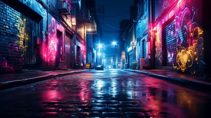 alluring dark urban street, mysterious graffiti, neon-lit