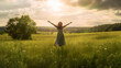 © AspctStyle - Happy woman dancing alone at green sunny meadow. Young woman with arms raised standing on field against sky feeling of freedom and happiness