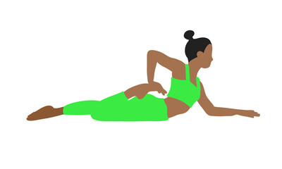 Wall Mural - Flexibility pilates yoga pose. African American female, lady, woman, girl. Meditation, pilates, mental health, training gym. Vector illustration in cartoon flat style isolated on white background.