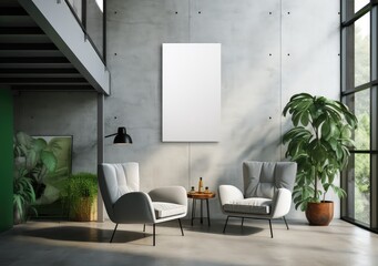 mockup interior with a poster and a floor lamp. trend color. AI Generative.