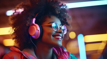 Happy cool fashion funky African young black hipster lady wears trendy glasses headphones listening dance pop dj music standing in neon night club light at style party. Translation: Chicken laugh