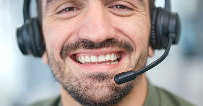 call center, man face and consultant in virtual communication, business support and ecommerce help. 