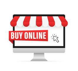 Poster - online store concept on computer with striped awning. buy online. digital marketing, store, e-commer