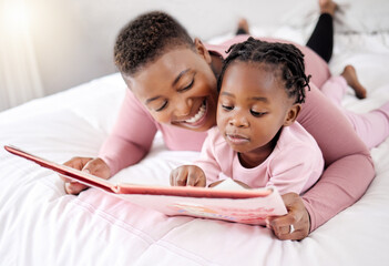 Poster - Book, reading and mother with child in bed for learning, bond and fantasy at home. Storytelling, family and parent with girl in a bedroom with notebook for literature, relax and fun in their house