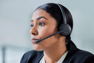 Aufkleber - Contact us, call center and business woman face with headset and phone consultation. Crm, telemarketing and web support employee with customer service worker and consultant work in a agency office