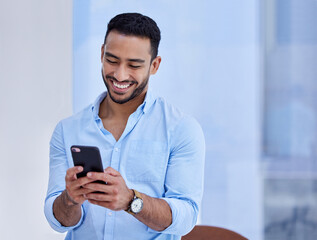 Aufkleber - Happy asian man, phone and smile for communication, social media or chatting at the office. Businessman smiling and typing on mobile smartphone app for texting, online chat or networking at workplace