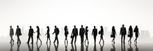 Vector Silhouettes Of Men And A Women, A Group Of Standing And Walking Business People, Black Color Isolated On White Background Generative Ai