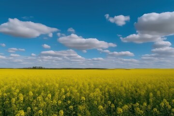 Wall Mural - Beautiful panorama of a flowering rapeseed field against blue sky