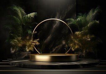 Minimal black scene with geometric shapes and palm leaves. Cylindrical gold and black podium background. 3D stage for displaying a cosmetic product. AI Generative