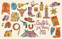 A Set Of Elements Of A Cowboy Theme. Vector Illustration, Doodle. Includes Elements Such As A Wanted List, A Sheriff S Badge, A Revolver, A Horseshoe, Alcohol, A Bag Of Days, A Smoking Pipe