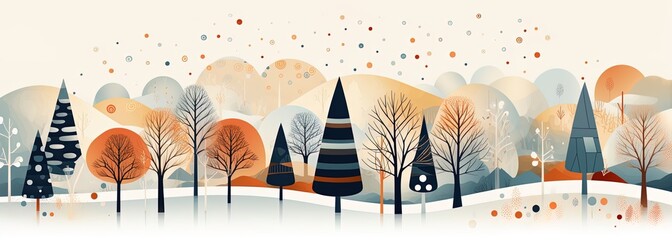 Winter and fall trees illustration in playful geometrics, celebration of rural, natural life. Joyful and optimistic design for a cute and minimalistic xmas seasonal card in european northern style. 