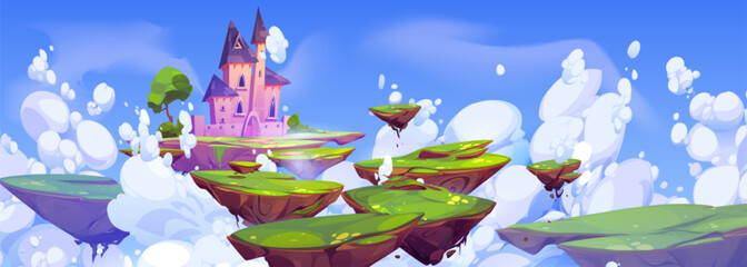 Fantasy castle on floating island in sky cartoon landscape. Magic fairytale flying kingdom tower in imagination heaven dream scene. Summer green and rock scenery with boulder platform ui game vector