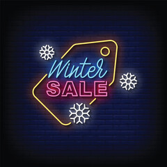 Wall Mural - Neon Sign winter sale with brick wall background vector