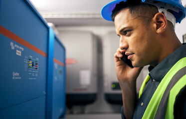 Canvas Print - Phone call, man and technician working in control room or engineering service on switchboard, power box or maintenance on generator. Electrician, construction worker and check on inverter and advice