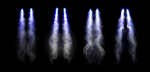 Wall Mural - realistic airplane condensation trails set on black background. vector illustration of neon blue smo
