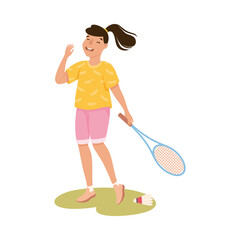 Wall Mural - Woman Character Playing Badminton with Racquet Vector Illustration