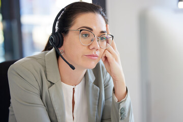 Sticker - Customer service, computer and business woman bored with help desk work, networking overtime or telemarketing. Burnout fatigue, technical support and insurance agent tired, depressed and reading info