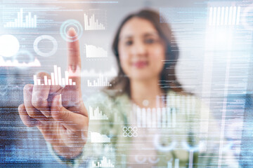 Poster - Business woman, press hologram chart and finger for financial data analysis, stats and stock market information. Futuristic trading, 3D ux overlay and graph for research, growth and vision in agency