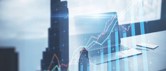 Aufkleber - Wide image of office desk with device and forex chart on creative blurry city background. Landing page background, trade, success and finance concept. Double exposure.