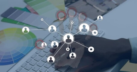 Poster - Animation of network of connections with icons over african american businessman using laptop