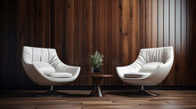 Two White Leather Swivel Chairs With Wooden Elements