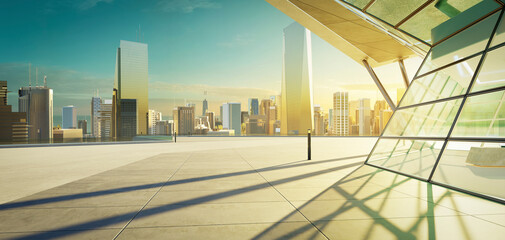 Poster - 3d empty concrete floor with polygon shape design modern building exterior
