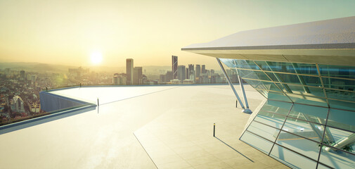 Poster - 3d empty concrete floor with polygon shape design modern building exterior