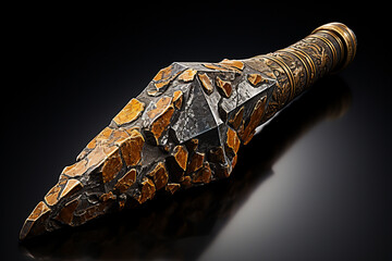 Aufkleber - An image showcases a Stone Age hand axe, made from chipped flint and featuring a sharpened edge. Generative AI technology.