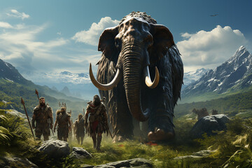 Poster - An image shows a group of Stone Age hunters wielding spears and dressed in animal skins, stalking a herd of prehistoric animals across a vast grassland. Generative AI technology.