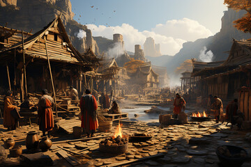 Poster - A trending image captures a Stone Age trading scene, with people exchanging goods and resources with neighboring tribes. Generative AI technology.