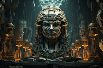 Poster - Beautiful abstract geometric Stone Age hunters sculpture Generative AI technology.