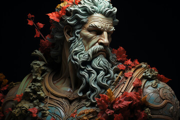 Poster - A pastel-colored Zeus sculpture - King of the gods and ruler of Mount Olympus, rendered in soft hues of green, yellow, and red, exuding a serene and regal presence  Generative AI technology.