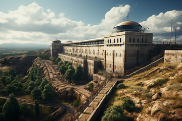 Poster - A high-security prison complex with tall walls, barbed wire fences, and guard towers.  Generative AI technology.