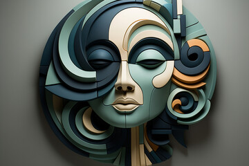 Poster - Beautiful abstract geometric sculpture Sailor, rendered in soft hues of green, navy, and gray, exuding a serene and regal presence . Generative AI technology.