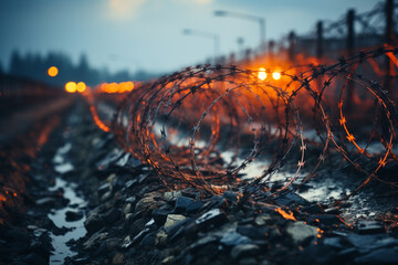 Poster - A close-up of prison barbed wire against a cloudy sky, representing the idea of confinement.  Generative AI technology.