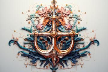 Aufkleber - Seafaring abstract geometric Anchor , rendered in soft hues of bright blue, cream, pink, fawn, and green, exuding a serene and regal presence . Generative AI technology.