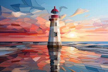 Poster - Seafaring abstract geometric Lighthouse , rendered in soft hues of bright blue, cream, pink, fawn, and green . Generative AI technology.