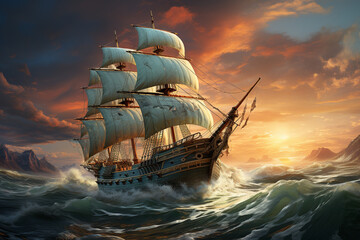 Aufkleber - A majestic sailing ship with billowing white sails navigating the open ocean, evoking a sense of adventure and exploration.  Generative AI technology.