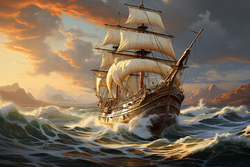 Aufkleber - A majestic sailing ship with billowing white sails navigating the open ocean, evoking a sense of adventure and exploration.  Generative AI technology.