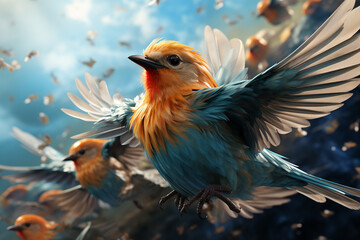 Aufkleber - A flock of birds in formation, soaring through the sky, showcasing the natural ability of avian creatures to fly.  Generative AI technology.