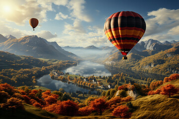 Aufkleber - A hot air balloon floating gracefully above a picturesque landscape, capturing the serene and peaceful experience of flying.  Generative AI technology.