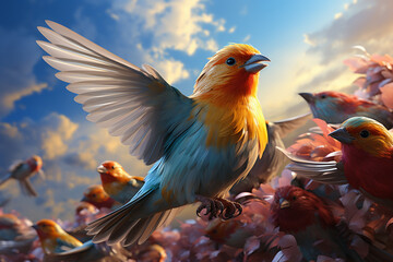 Aufkleber - A flock of birds in formation, soaring through the sky, showcasing the natural ability of avian creatures to fly.  Generative AI technology.
