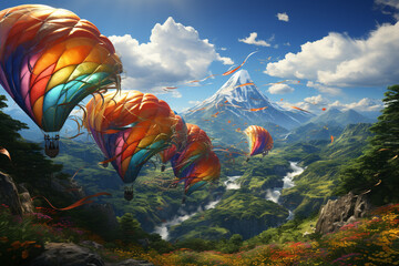 Aufkleber - A group of hang gliders launching from a hillside, soaring high above the landscape with the help of a fabric wing.  Generative AI technology.