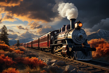 Aufkleber - A vintage steam train chugging along a scenic route, emitting billows of white steam from its engine.  Generative AI technology.