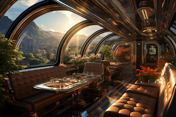Poster - A luxury passenger train with elegant interiors, showcasing plush seats, dining areas, and panoramic windows.  Generative AI technology.
