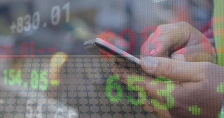 Poster - Animation of currency signs and numbers moving over caucasian man using smart phone