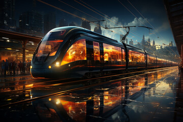 Aufkleber - A time-lapse image of trains coming and going at a busy railway junction, capturing the constant movement and activity.  Generative AI technology.
