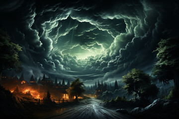 Aufkleber - A rainstorm with lightning strikes illuminating the darkened sky, creating a dramatic and electrifying scene.  Generative AI technology.