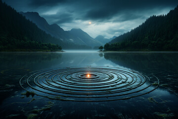Aufkleber - Rain falling on a calm lake, creating concentric circles on the water's surface.  Generative AI technology.