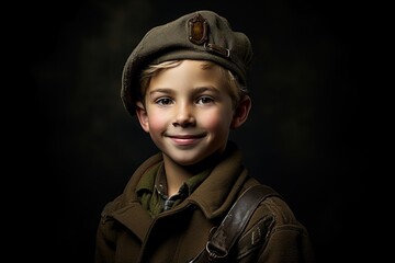 Canvas Print - Portrait of a cute little boy in military uniform on dark background.Generative Ai